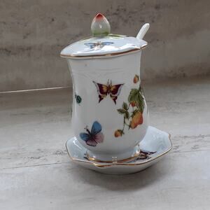 Lenwile Ardalt Porcelain Jelly Jar Saucer & Serving Spoon Butterflies & Berries
